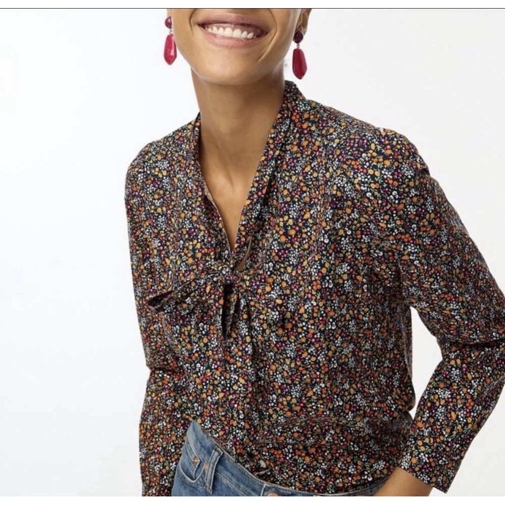 J. Crew Floral Print Tie-Neck Button Down Blouse Women's Size XS 98% Cotton